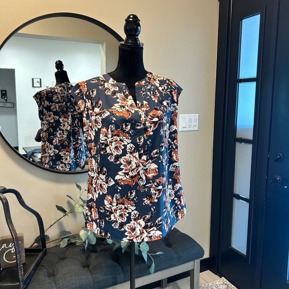 Eden Ruth Becca 1 Floral Split Neck Cap Sleeve Blouse Navy Rust Large